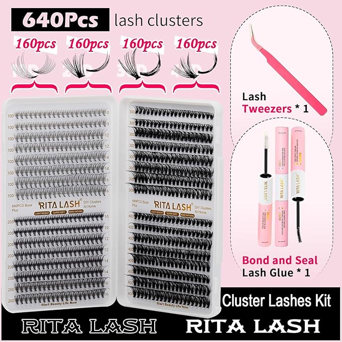 RITALASH Lash Extension Kit 10D+20D+30D+40D DIY Lash Clusters 640pcs Cluster Lashes Individual Lashes Eyelash Extension Kit with Lash Bond and Seal,Lash Tweezers(10D+20D+30D+40D Kit,10-16mm)