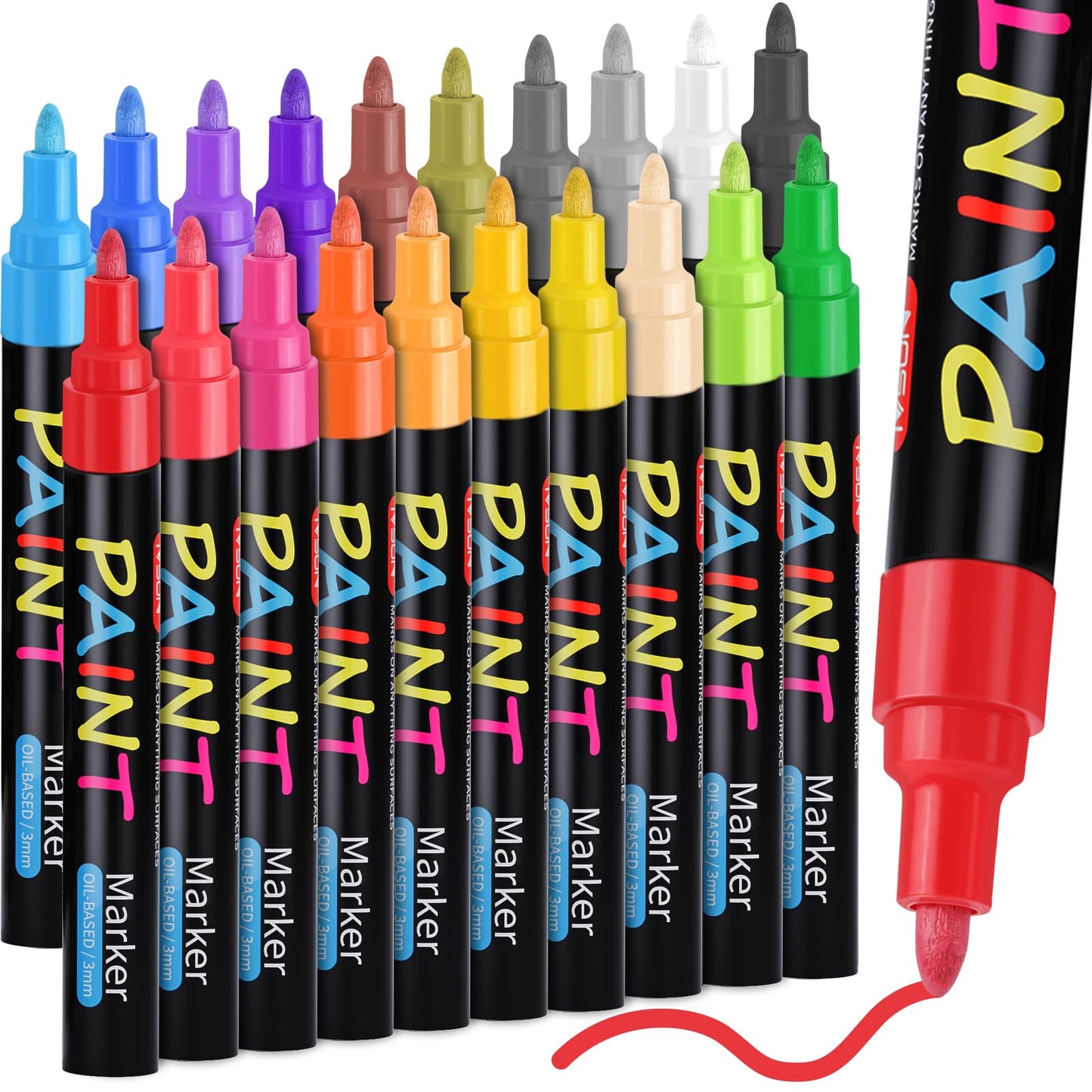 IVSUN Paint Pens Paint Markers, 20 Colors Oil-Based Waterproof Marker Pen Set, Never Fade Quick Dry and Permanent, Works on Rocks Painting, Wood, Fabric, Plastic, Canvas, Glass, Mugs, DIY Craft