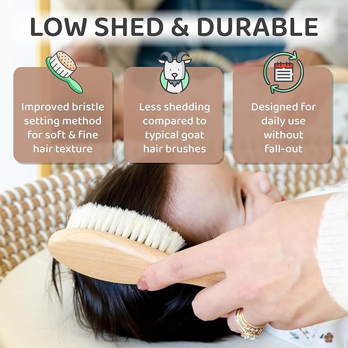 Wooden Baby Hair Brush Grooming Kit with Beech Wood Goat Hair Brush, Cradle Cap Brush, Silicone Scalp Massager, Ultra Soft Bristle Brush | Gender Neutral Newborn Hairbrush Set for Boy or Girl