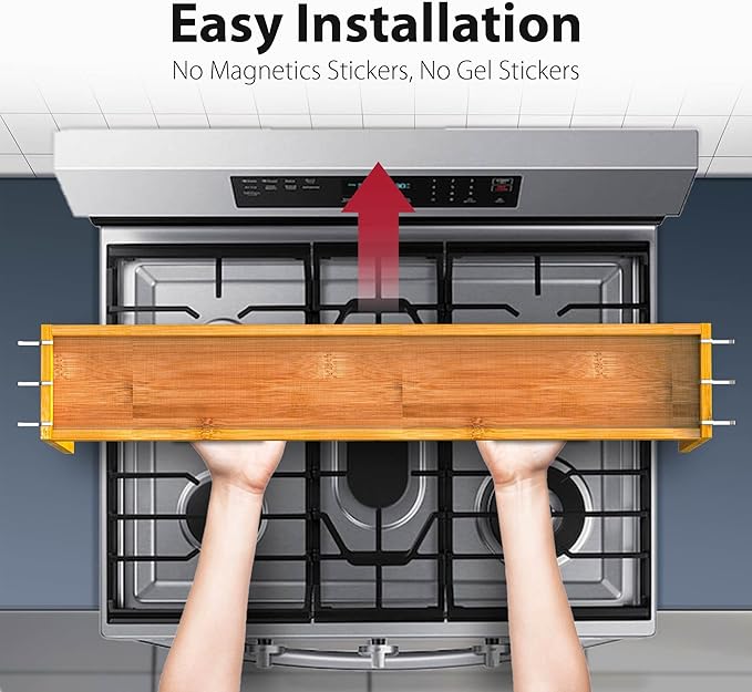 IIIOIIIA Bamboo Over the Stove Spice Shelf for Kitchen, 31.5" Spice Rack Organizer Shelf with 6 hooks, 11.4" Height Extra Storage Countertop, Easy to Assemble