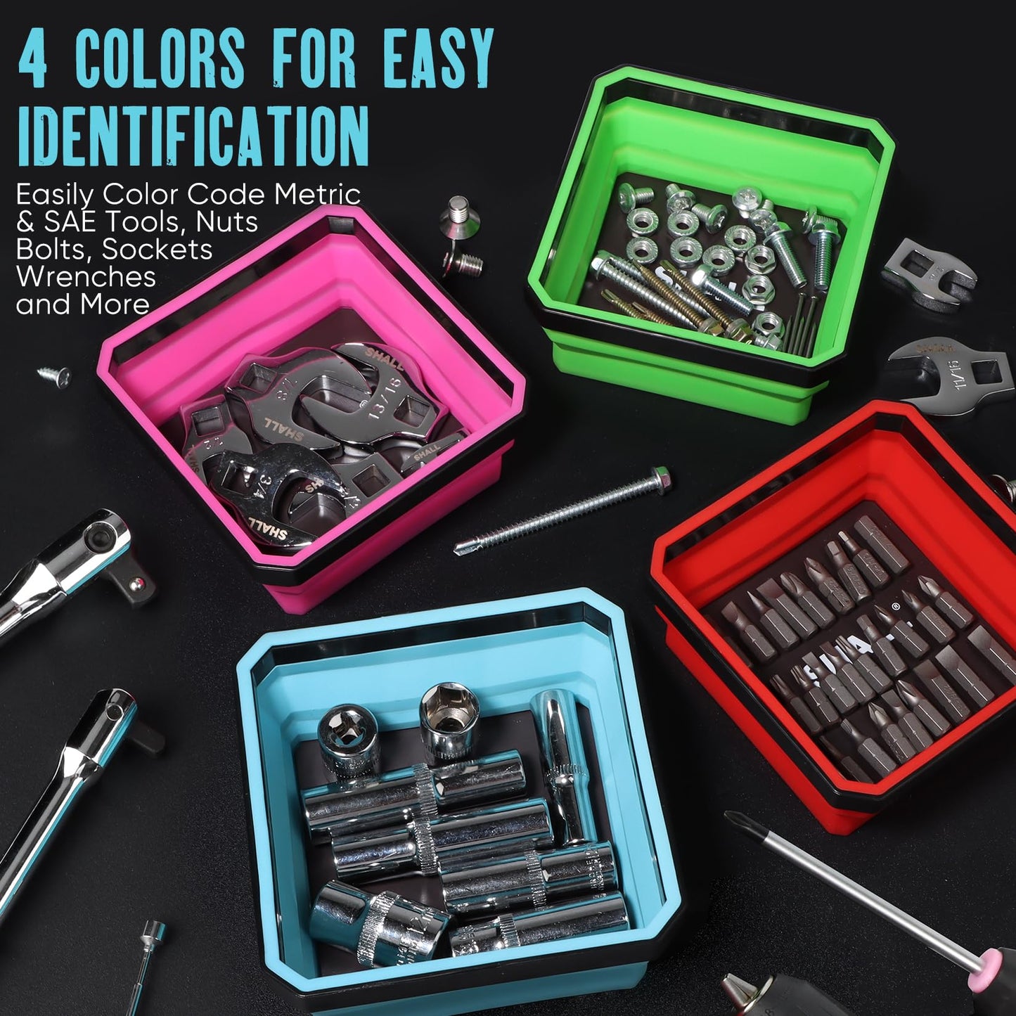 SHALL New Version Collapsible Magnetic Parts Tray Set, 4-Pack Magnetic Tool Trays for Screw Bolts Nuts Washers Pins & Small Metal Parts, 4.5” Square Silicone Foldable Bowls w/Dual-Sided Magnetic Base