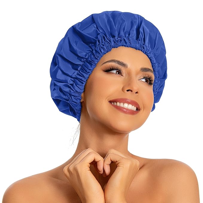 Reusable Shower Cap for Women, Large Waterproof Shower Bonnet with Elastic Band, Washable Bath Hair Cap for Long, Curly Hair, Braids, Daily Shower, Home Spa, Travel(Dark Blue)