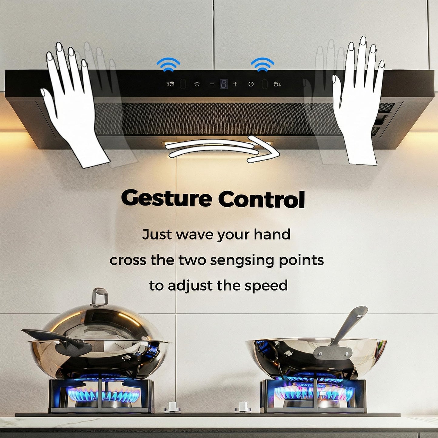MOMOKOVA Range Hood 30 Inch Under Cabinet, Kitchen Hood with 750 CFM, 3-Speed Gesture Sensing & Touch Control, Stainless Steel Vent Hood with Pull-out Panel, LED Lights, 2 Pcs Aluminum Filters