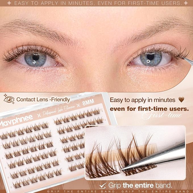 8MM Brown Lash Clusters Short Fluffy Individual Lashes with C Curl & Clear Band, Natural Look for Everyday Wear, Beginner-Friendly - Barely There & "No-Makeup" Makeup Essential