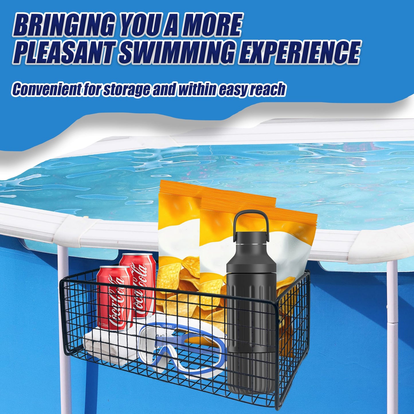 Desunqin 10 x 6 x 3.5 in Metal Poolside Storage Basket for Square Top Pools Only, Fit 4.9" to 9" Top Rails, Adjustable Swimming Pool Hanging Basket, Above Ground Pool Shelf Accessories to Organize