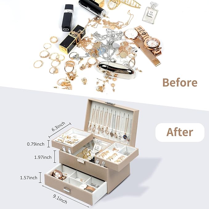 Dajasan Jewelry Organizer Box, Large Jewelry Boxes for Women Girls, Compact 3 Layers Jewelry Storage Case with Drawer, Movable Metal Stand, Modern, Gift Idea (Champagne)