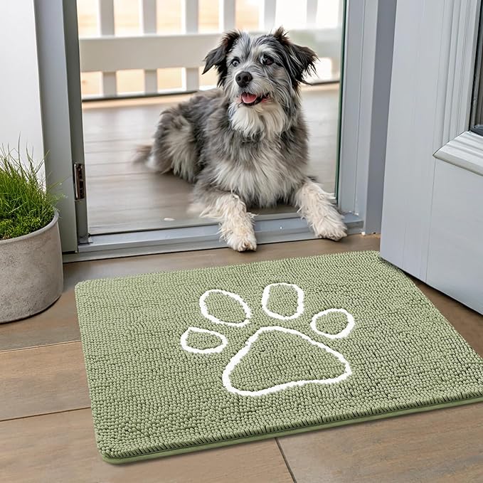 Smiry Dog Door Mat for Muddy Paws, Absorbent Dirt Trapper Non Slip Quick Dry Washable Chenille Mat for Mud Dogs, Entry Rug for Indoor and Outdoor (24x16 Inches, Sage Green and White)