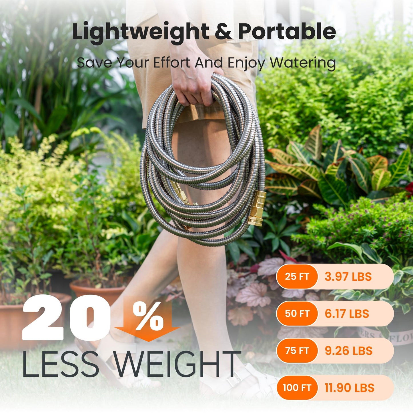 Giraffe Tools Garden Hose 50ft x 5/8", 304 Stainless Steel Metal Water Hose, No Kink Garden Water Hose with 9 Pattern Spray Nozzle, Flexible, Lightweight, Kink Free Hose for Yard, Outdoor