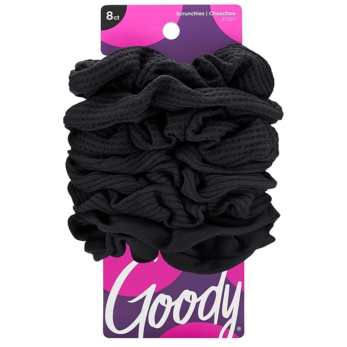 Goody Ouchless Jersey Scrunchies, 8 Ct, Black, Damage-Free, Dentless & Secure Hold Ties, Gentle Hair Accessories for Women & Men, All Day Comfort, All Hair Types