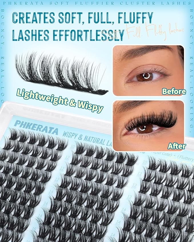 PHKERATA Fluffy Lash Clusters Wispy Eyelash Clusters, Volume Cluster Eyelash Extensions, DIY Individual Lashes with Soft Thin Band for Natural Look 162Pcs, 10-16mm