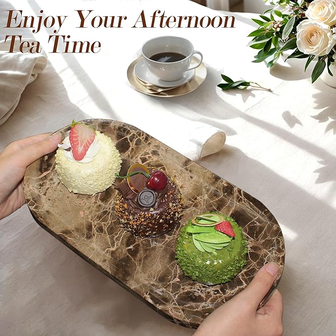 YMXYJM Genuine Real Natural Marble Tray for Bathroom, Luxury Dark Brown Stone Vanity Tray, Decorative Oval Trays for Countertop Storage, Vanity, Dresser, Kitchen, Home Decor, 11.8" x 6", Brown