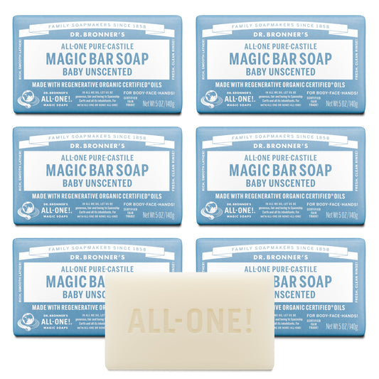 Dr. Bronner's Pure-Castile Magic Bar Soap (Baby Unscented, 5 oz, 6-Pack) - Made with Regenerative Organic Certified Oils, For Face, Body & Hair, Gentle for Sensitive Skin - Vegan, Non-GMO