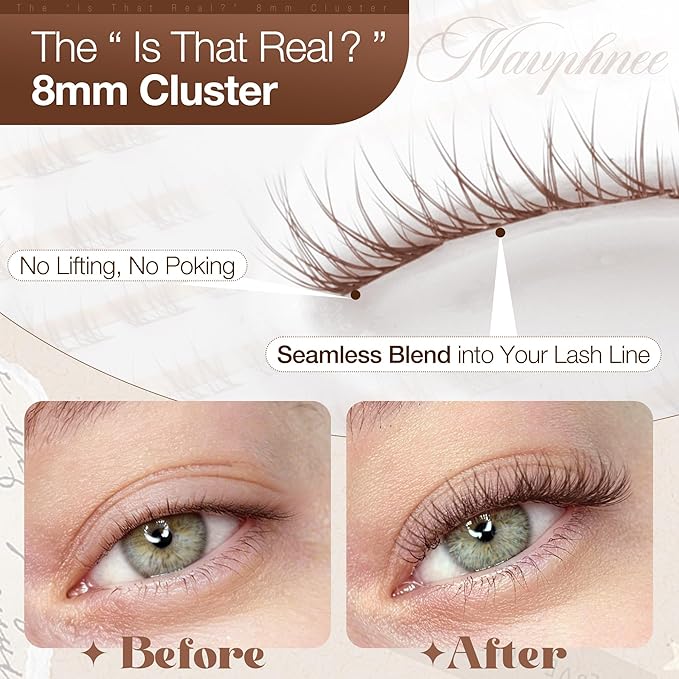 Mavphnee 8MM Brown Lash Clusters Clear Band Eyelashes Natural Looking Individual Lashes Extensions with CC-Curly for Soft Vibe Natural Enhancement