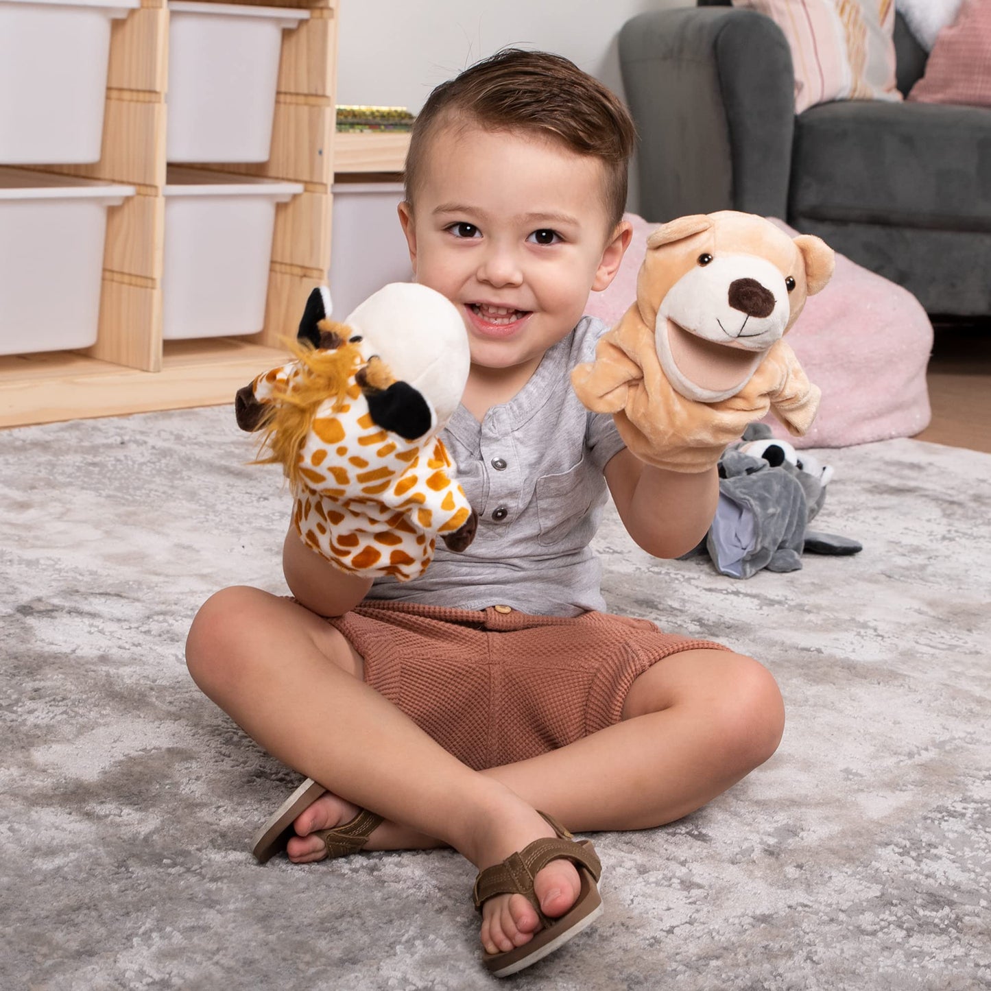JOYIN 6Pcs Kids Hand Puppet Set with Working Mouth, Toddler Animal Plush Toy Includes Elephant, Giraffe, Lion, Bear, Raccoon and Monkey for Show Theater, Christmas Birthday Gifts for Kid