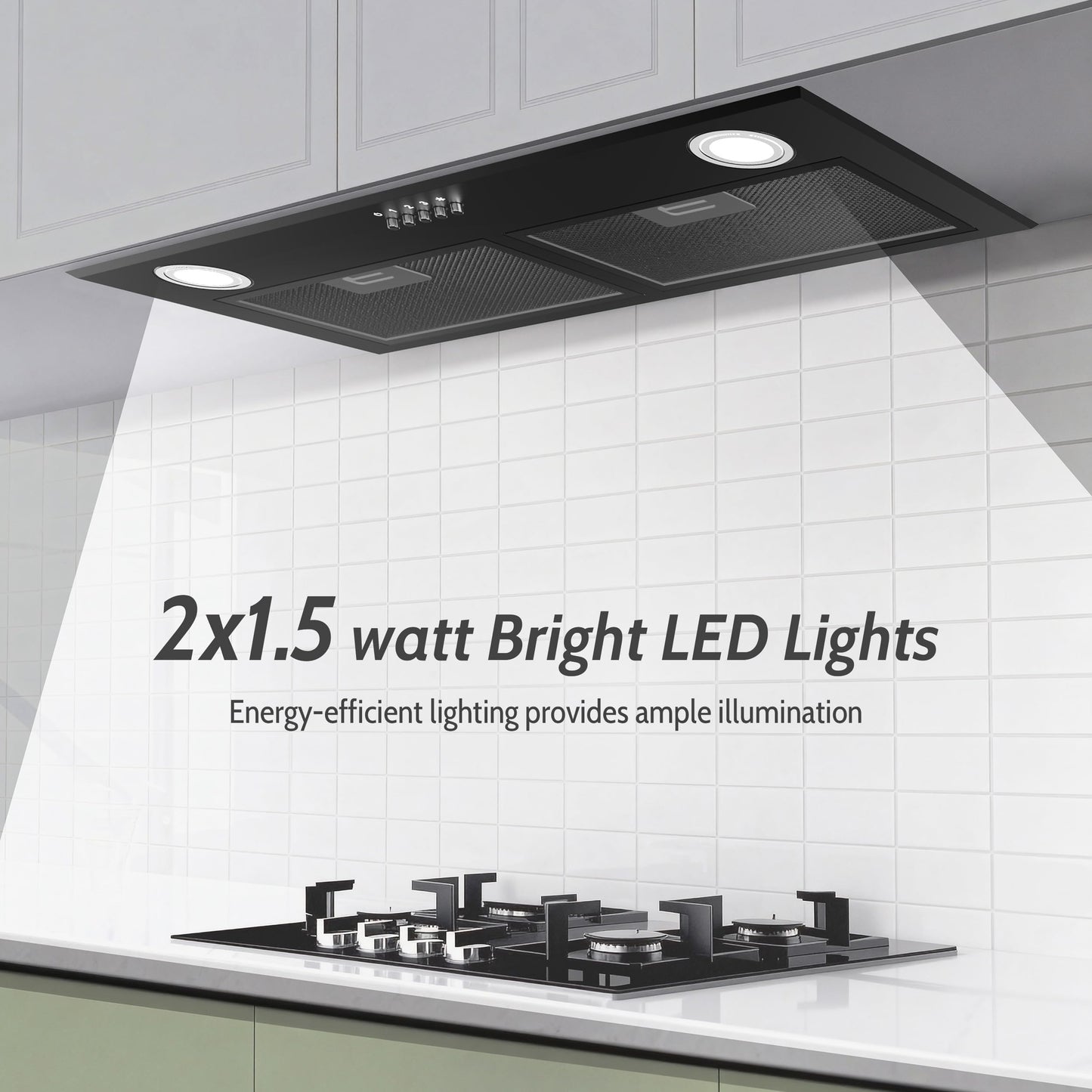 FIREGAS Black Range Hood 28 Inch, Built-in Kitchen Vent Hood with 450 CFM, 3 Speed Exhaust Fan, 2 LED Lights & Button Control, Ducted/Ductless Convertible
