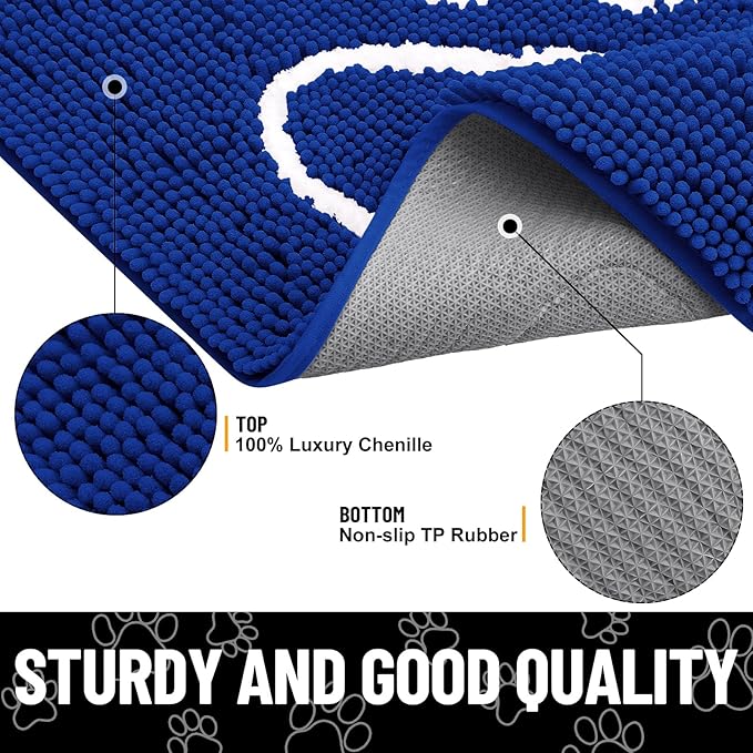 Smiry Dog Door Mat for Muddy Paws, Absorbent Dirt Trapper Non Slip Quick Dry Washable Chenille Mat for Mud Dogs, Entry Rug for Indoor and Outdoor (30x20 Inches, Royal Blue and White)