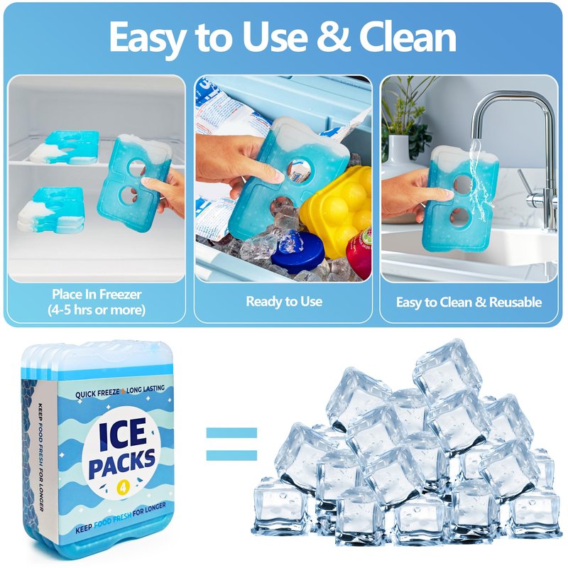 Ehzyaz 4Pack Reusable Ice Packs for Lunch Boxes - Long-Lasting Freezer Packs Compatible with Cooler Bag, Refreezable Flat Ice Packs, Cooler Accessories for Insulated Bags, Picnic and Travel