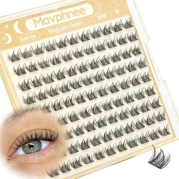 Wispy Lash Clusters 8MM Only Eyelash Extensions Natural Individual Lashes with CC Curl and Flexible Clear Band for DIY Cluster Eyelash Extensions at Home - No Makeup, Clean Makeup, Soft Glam