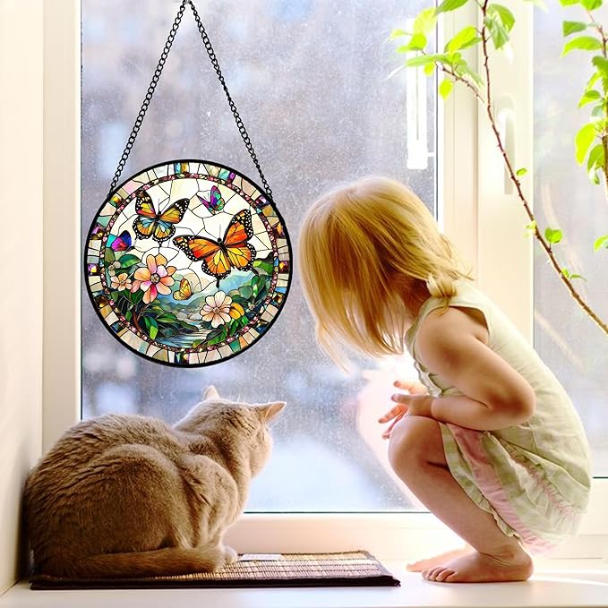 DASTOLL Stained Glass Window Hanging, Butterflies Flying in The Sky Suncatcher for Doors Home Sun Catchers Decoration and Christmas, Mother's Day Birthday Gifts for Women, Men, and Mom 11.8x11.8 in