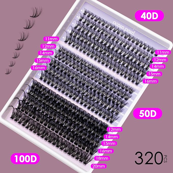 Ocean Pearl Lash Clusters 320pcs 11-20mm Lash Clusters Kit 40D+50D+100D Eyelashes, Lash Extension Kit,Lashes Clusters Eyelash Extensions Kit,Eyelash Clusters with lash adhesive+sealer+remover+Tweezers