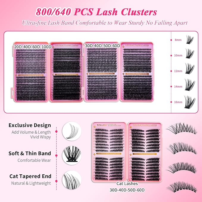 Lash Clusters Kit Eyelash Clusters Kit Cat Eye Lashes Large Pack Cluster Eyelash Extensions Lash Extension Kit PestaÃÂ±as Postizas Naturales with Lash Bond&Seal,Remover,Tweezers,Cleanser(Lash Kit-5)