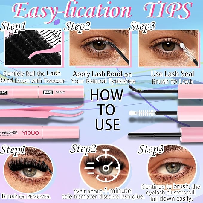 YIDUO 150D+200D Lash Clusters Kit with Glue and Removers, 575Pcs Volume Thick+Spiky Lashes Extension, 12-21mm Thick Extension Eyelashes DIY Individual False Eyelash Kit DIY at Home Easily