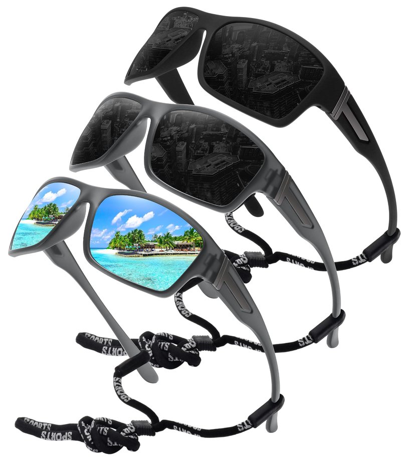 STORYCOAST Polarized Sports Sunglasses for Men Women Unbreakable Frame Cycling Fishing Driving 3Pack Black+Clear Gray Frame/Gray+Clear Gray Frame/Blue