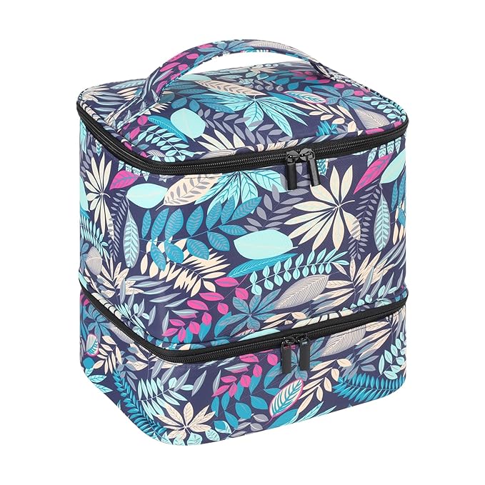 Portable Nail Polish Storage Bag with UV Light Case - Holds 30 Bottles and 1 UV LED Nail Lamp, Double-Layers Nail Dryer Case for Gel Nail Polish Kit, Nail Art Decorations （Leaves）