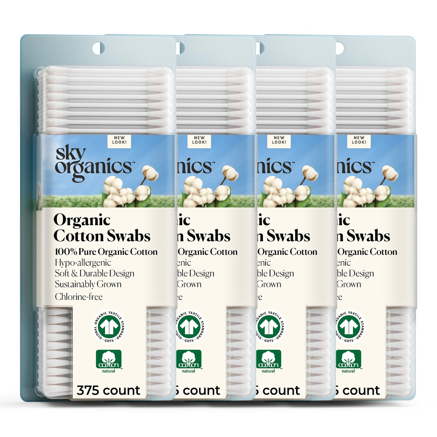 Sky Organics - Organic Cotton Swabs with Ultra Soft Tips - Strong & Durable - Hypoallergenic - Chlorine Free - Sustainable - Natural, Vegan & Cruelty Free - 1500 Count (Pack of 4)