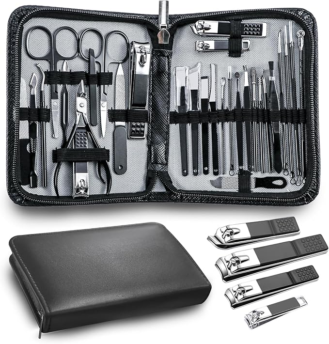 Manicure kit Personal Care Mens Grooming Kit, 30 in 1 Professional Nails Kit Pedicure Kit, Nail Clippers for Men and Beauty Tool Portable Set, with Luxurious Travel Case (Black)