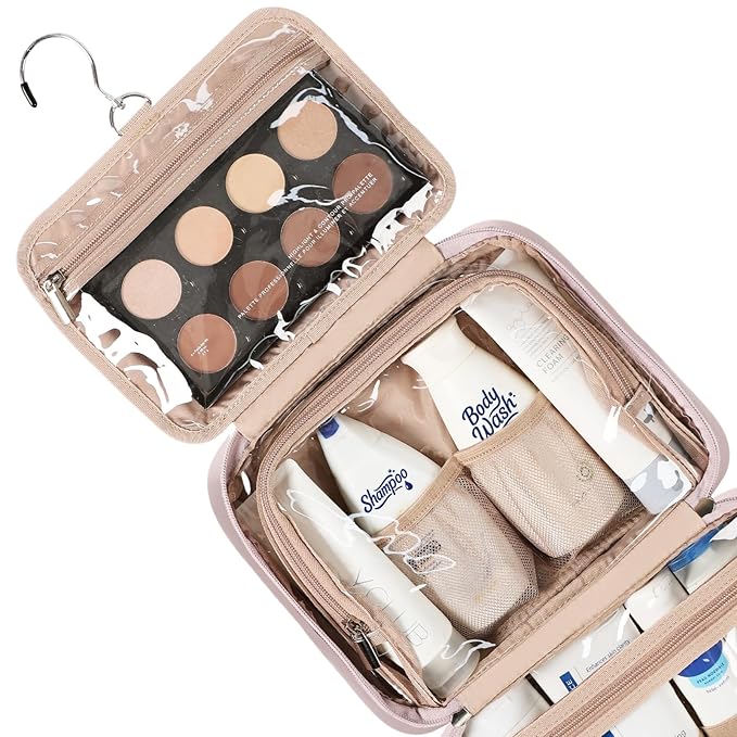 NISHEL Travel Toiletry Bag for Women, Makeup Essentials Organizer, Hanging Case for Accessories, Cosmetics, Medium Size, Peach-Pink