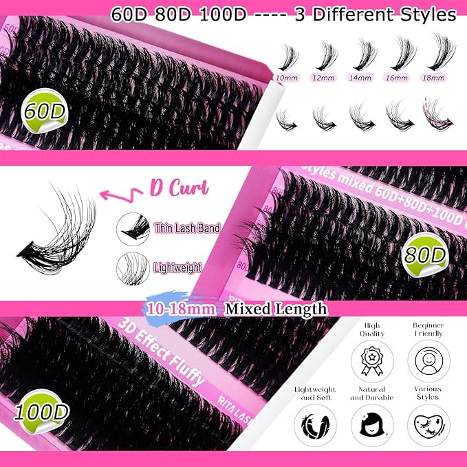 RITALASH Lash Clusters 3 Style Cluster Lashes Book Individual Lashes Clusters Eyelash Extensions False Eyelashes DIY Wispy 3D Effect Lash Extension Natural(60D+80D+100D Cluster Lashes)