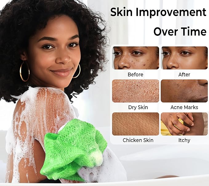 Authentic African Net Sponge with Knots - 2 Pieces Exfoliating Body Sponge Purple & Green - Back Scrubber Shower Exfoliator for Women Personal Care - Shower Scrub for Body Wash Bathing Accessories