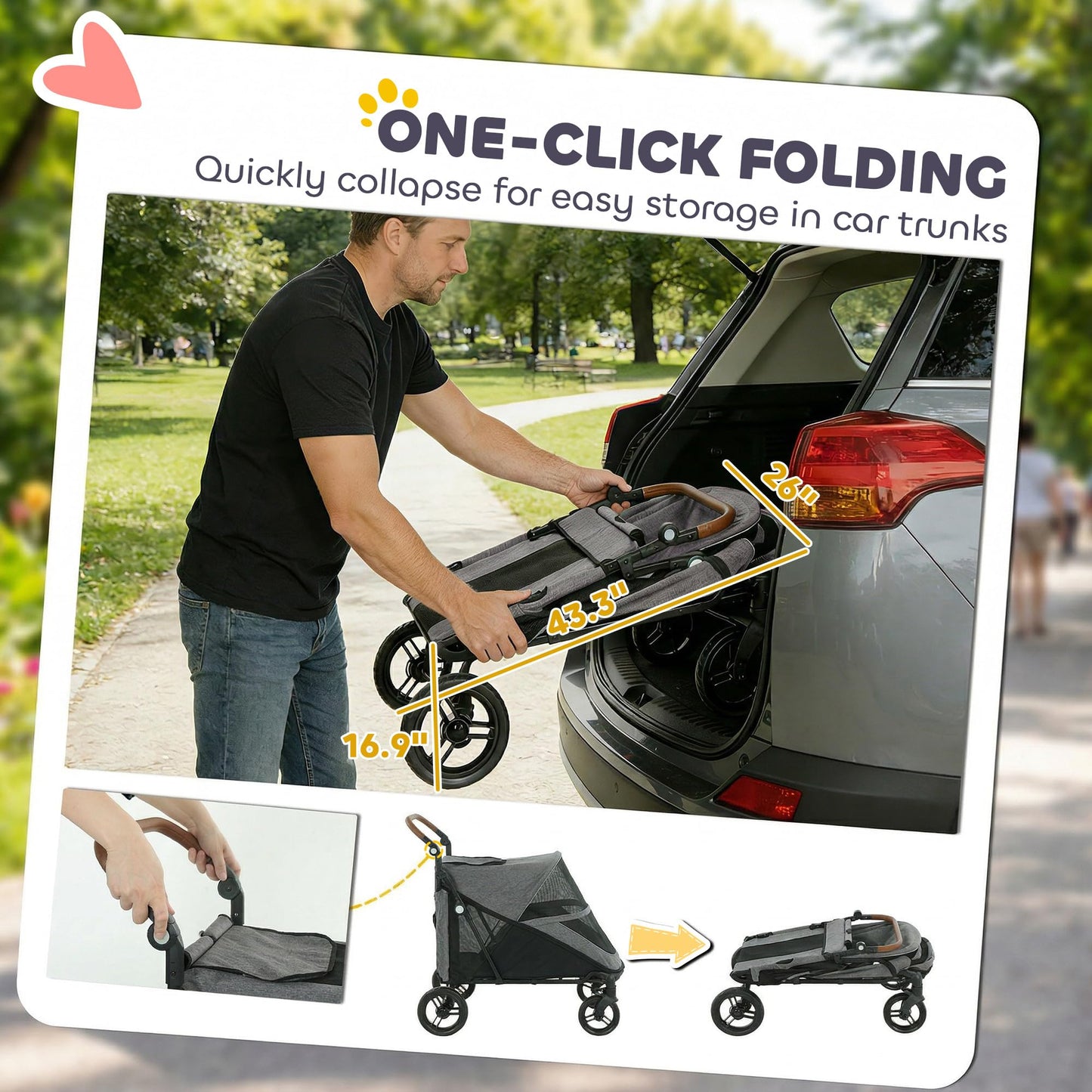 PawHut Dog Stroller for Large Dogs, One-Click Folding 4 Wheel Large Pet Stroller Wagon for Multiple Pets, All Terrain Spring Suspension w/ 8-Position Adjustable Handle, Mesh Window, Up to 66 LBS, Gray