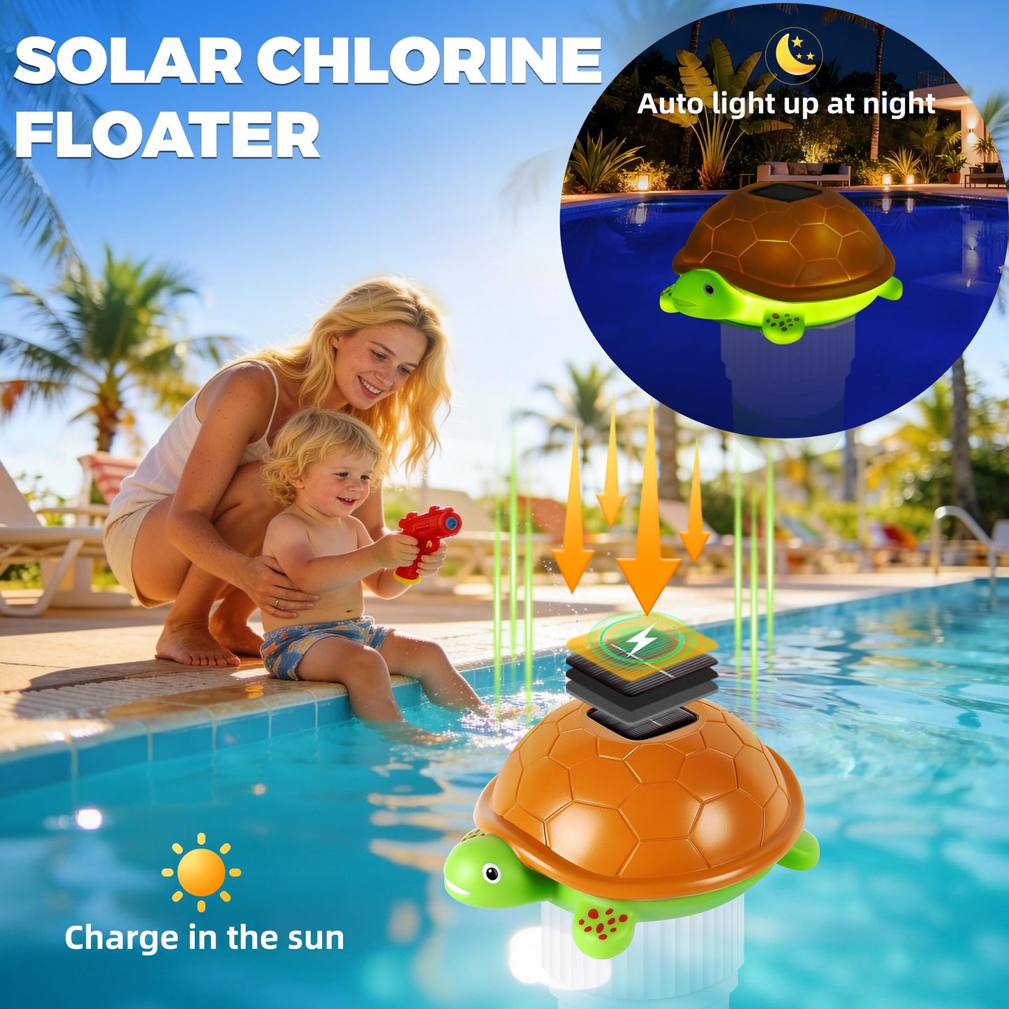 Chsuiwe Pool Chlorine Floater with Light, Turtle Solar Chlorines Floaters with Adjustable Release, Chlorine Floater for 4 * 3'' Disks, Easy Opening Floating Pool chlorines Dispenser for Swimming Pool