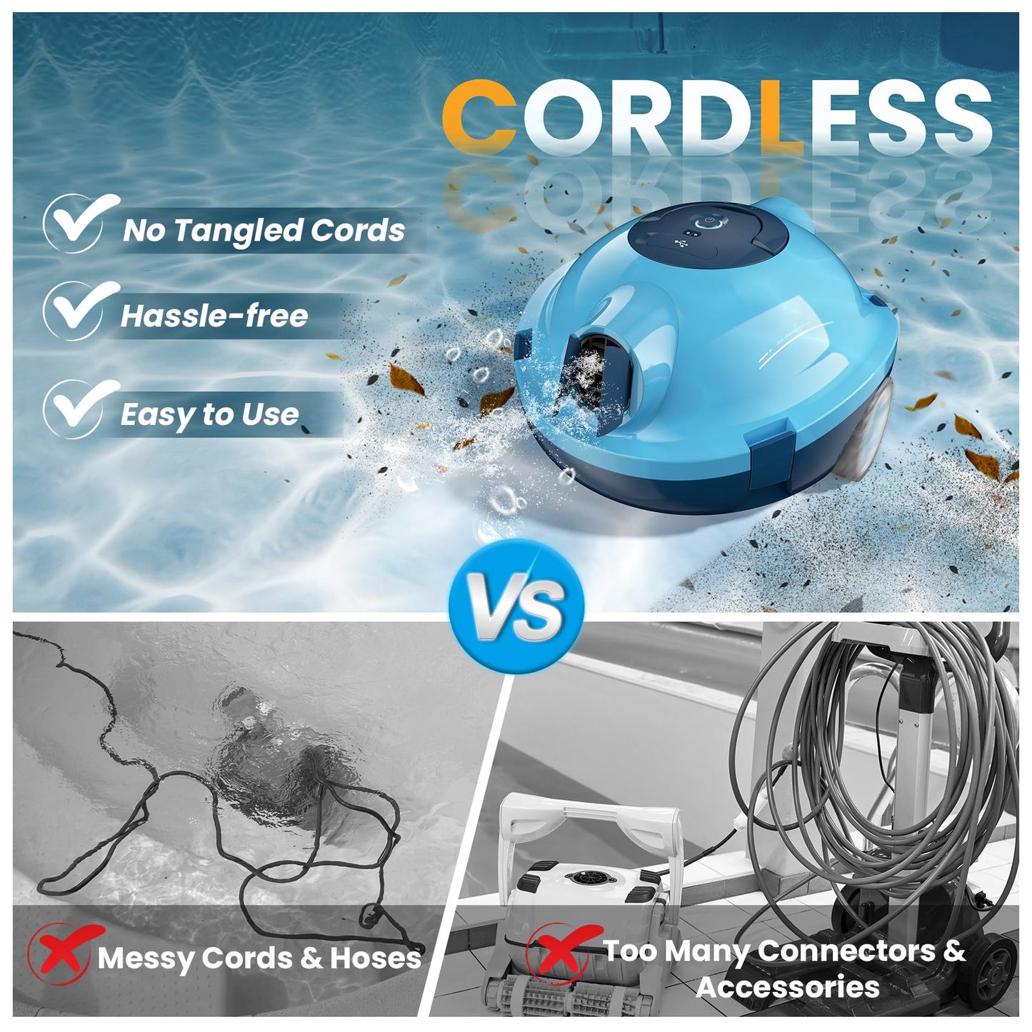Y10 Cordless Robotic Pool Cleaner, Automatic Pool Vacuum - 90 Mins Runtime, Powerful Suction, Self-Parking, Lightweight for Above/Inground Pools Up to 65ft/1100 Sq.Ft (Navy)
