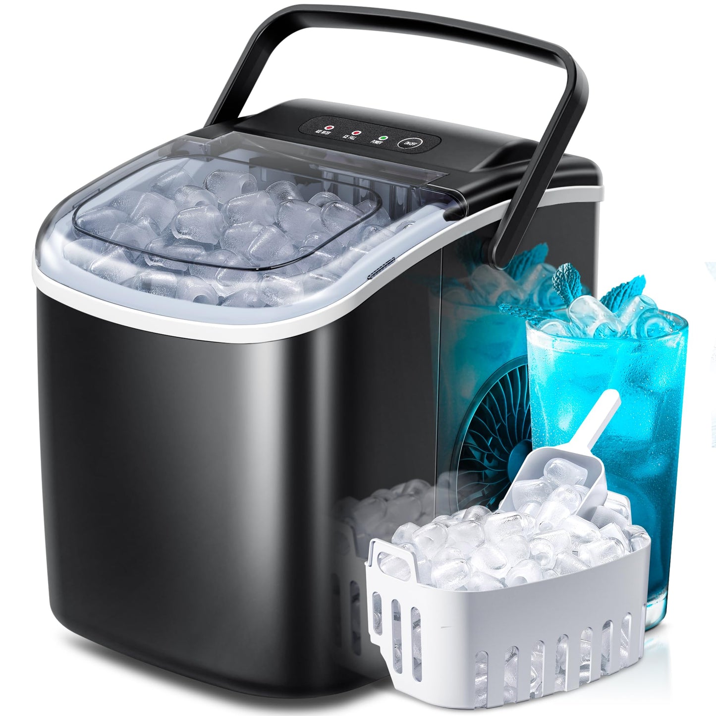 Crzoe Portable Countertop Ice Maker Machine with Handle, 9 Bullet-Shaped Ice Cubes Ready in 6 Mins, 26Lbs/24H, Self-Cleaning Function with Ice Scoop and Basket for Home/Kitchen/Party(Black)