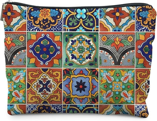 Bohemian Tile Pattern Makeup Bag, Ethnic Moroccan and Mexican Talavera Tile Cosmetic Bag for Women, Vintage Floral Makeup Pouch, Mexican Gifts for Women