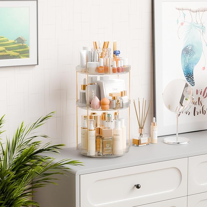 Yieach Acrylic 360 Rotating Makeup Organizer and Perfume Organizer,3 Tier Make Up Holder and Acrylic Skincare Organizers for Countertop,Vanity,Bathroom,Clear Spinning Beauty Organizer for Face Product