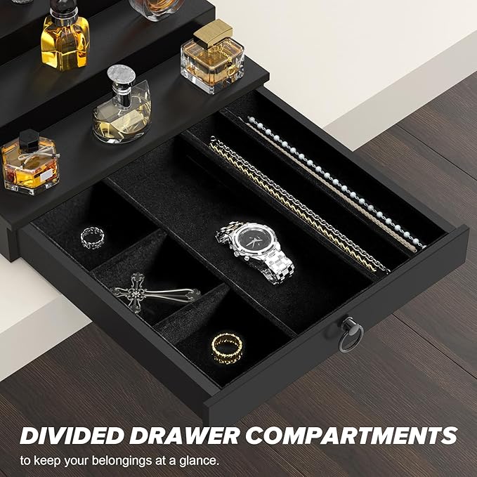 Cologne Organizer for Men, 5 Tier Black Wood Perfume Organizer with Felt Lining Drawer and Hidden Compartment, Perfume Display Holder, A Gift for Men