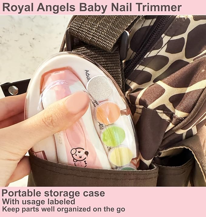Royal Angels Upgraded 21 in 1 Baby Nail Trimmer with Labeled Case, 13 Extra Replacement Pads, Safe Electric Baby Nail File Kit for Newborns & Toddlers, Whisper Quiet Nail Clipper with LED Light (Pink)