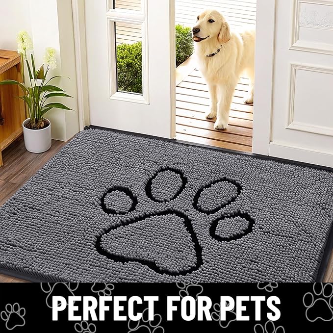 Smiry Dog Door Mat for Muddy Paws, Absorbent Dirt Trapper Non Slip Quick Dry Washable Chenille Mat for Mud Dogs, Entry Rug for Indoor and Outdoor (36x24 Inches, Dark Grey and Black)