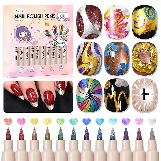 12 Metallic Colors Nail Art Pens Set, 3D Nail Polish Pens Quick-Drying Acrylic Paint Markers, Dotting Liner Brush for DIY Nail Design, Home & Salon Manicure Tools, MarkerPen