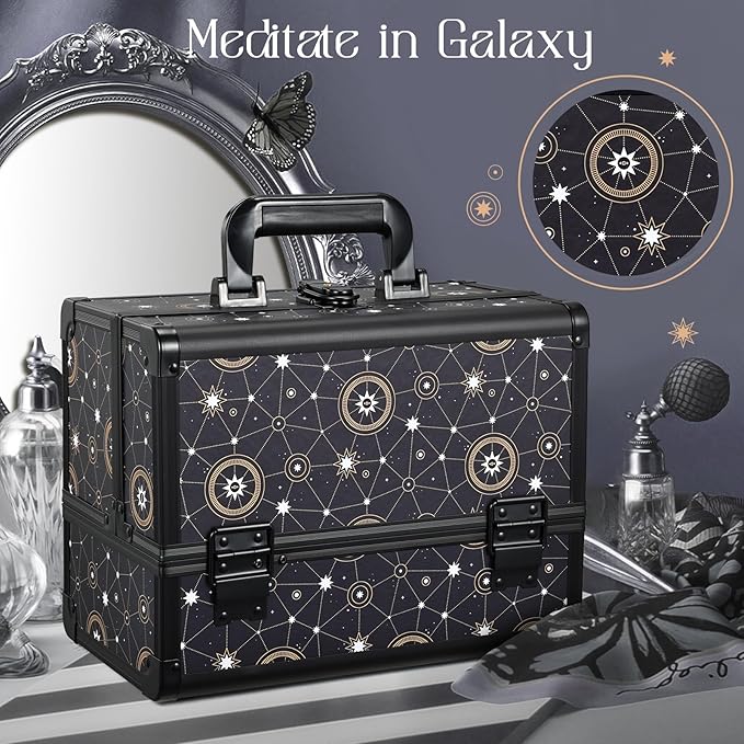 Joligrace Galaxy Printed Makeup Train Case, 3-Tier Makeup Storage Box, Portable Makeup Organizer, Hard Makeup Case with Mirror and Lock, Professional Makeup Case for Women