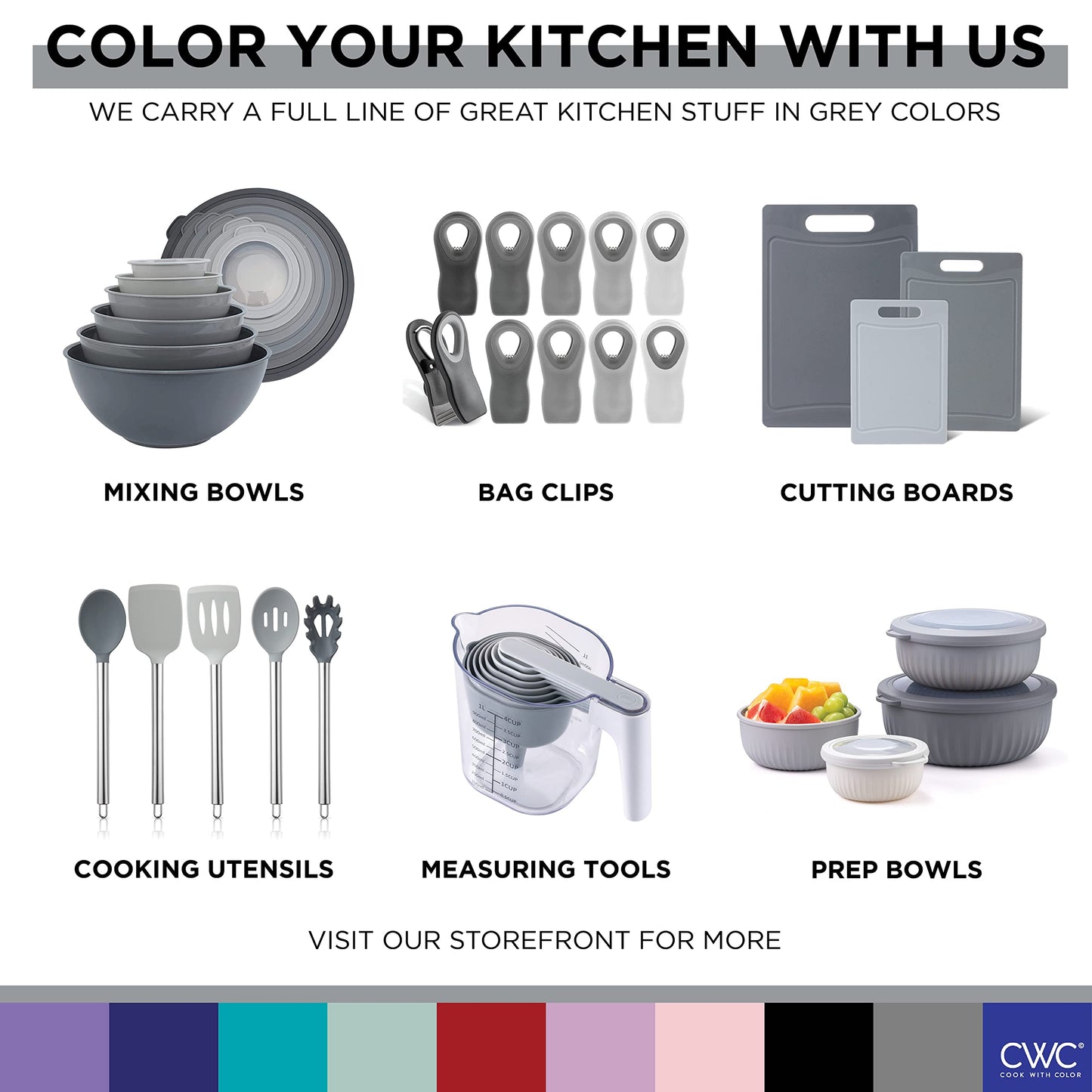 COOK WITH COLOR Mixing Bowls with Lids - 12 Piece Plastic Nesting Bowls Set includes 6 Prep Bowls and 6 Lids, Rhombus Design - Microwave Safe (Grey)