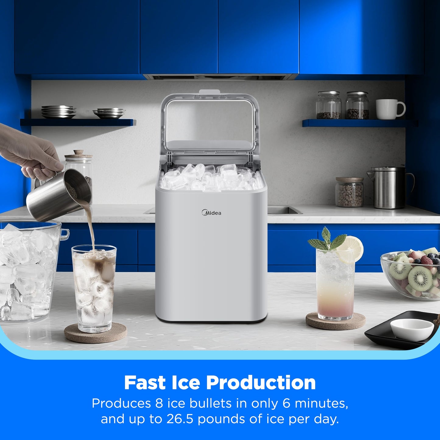 Midea MERI26B1AGY Countertop Bullet-Ice Maker, 8 Ice Bullets Ready in 6 Minutes, 26lbs/24H, Self-Cleaning Function with Ice Scoop and Basket for Home/Office/RV