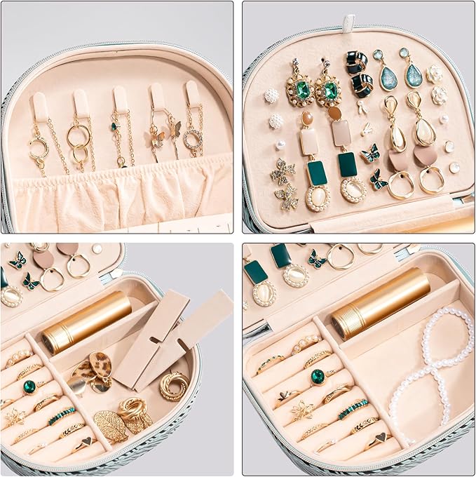 ProCase Travel Size Jewelry Box, Medium Portable Seashell-Shaped Jewelry Case, 2 Layer Jewelry Organizer in PU Leather for Women -Stripe