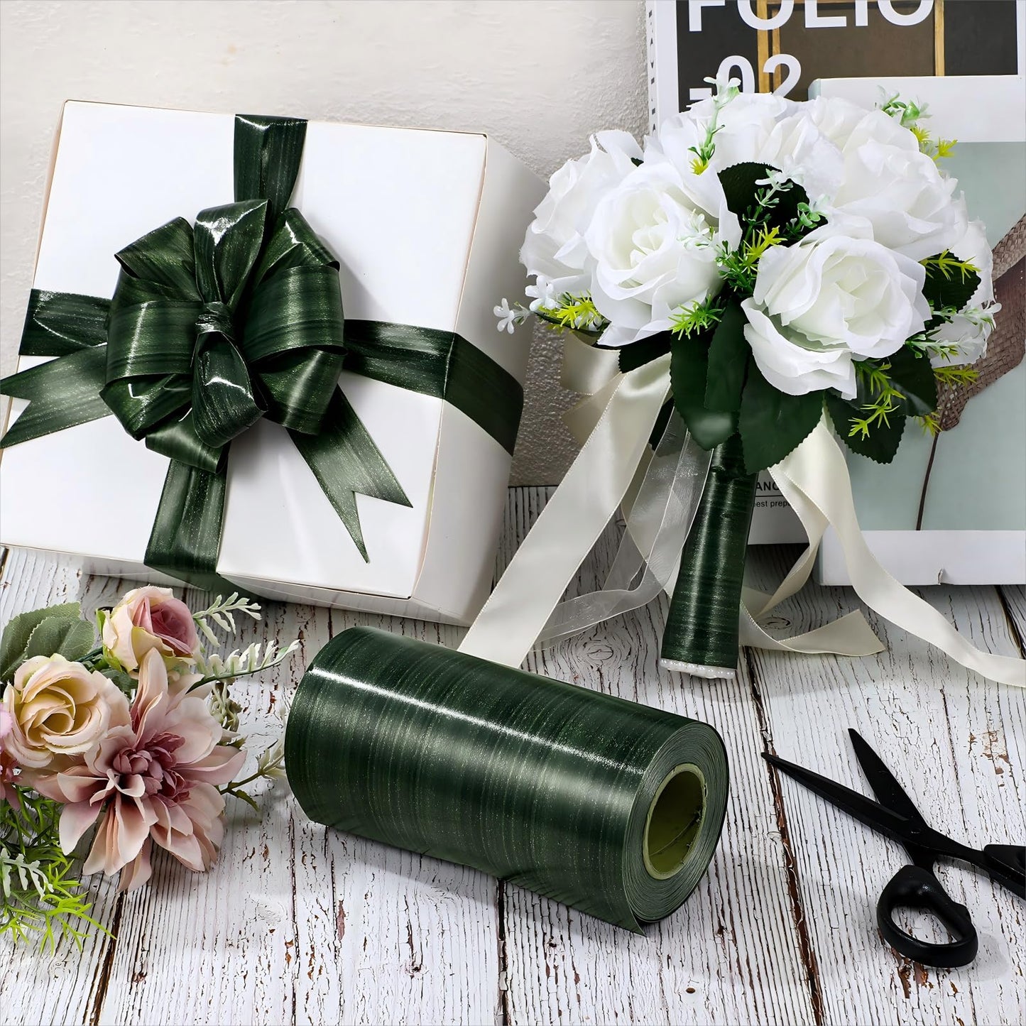 Syhood Outdoor Ribbon Poly Satin Ribbon Floral Craft Decoration Aspidistra Leaf Riband Easter Holiday Outdoor Decorating (5.9 Inch X 30 Yards,Dark Green)