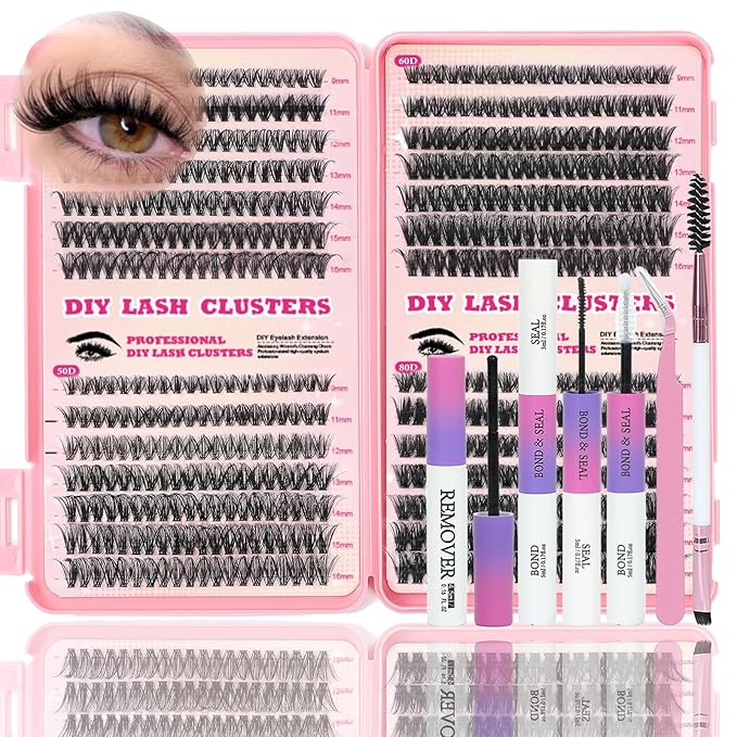 Lash Clusters Kit, 560 Pcs Eyelashes Clusters Kit 9-16mm Individual Lash Extension Kit D Curl Fluffy Wispy False Eyelashes (40D+50D+60D+80D, Lash Clusters Kit)