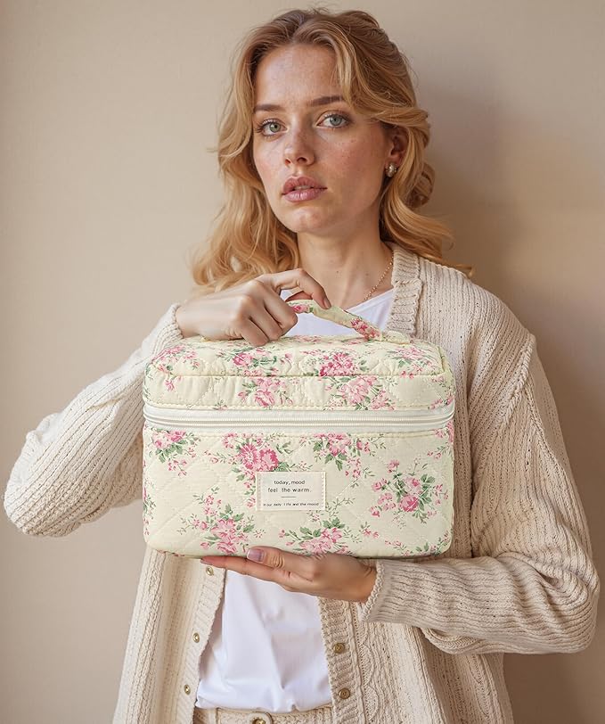 HBselect Quilted Makeup Bag, 3PCS Cotton Large Travel Makeup Bag, Cute Floral Coquette Make up Bag Cosmetic Bag Toiletry Bag for Women Girls